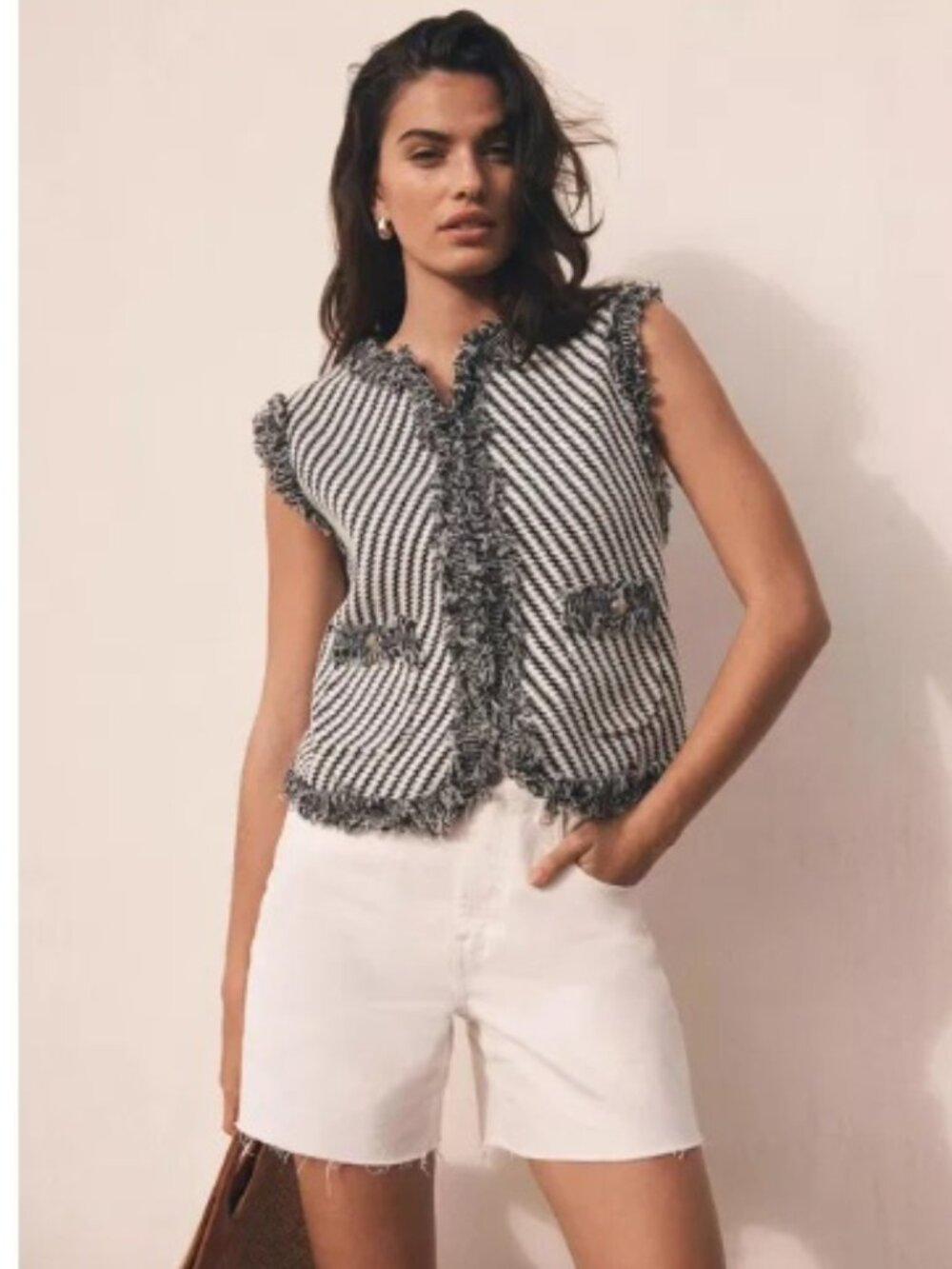 Mint Velvet Crochet Knit Vest, Black & White | Size Small